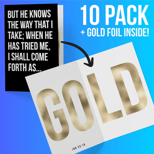 GOLD (Job 23:10) | Pack of 10 Christian Greeting Cards