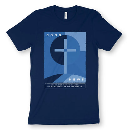 Good News Poster | Premium Unisex Christian T-Shirt, laid flat, designed by 3rd Day Christian Clothing UK