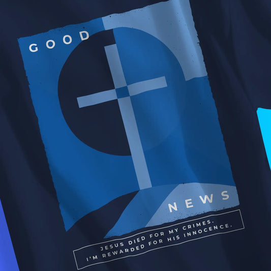 Good News Poster | Premium Unisex Christian T-Shirt, laid flat, designed by 3rd Day Christian Clothing UK