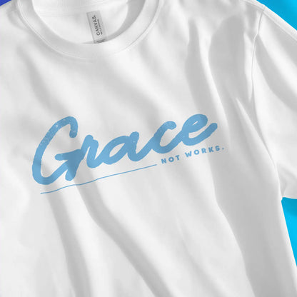 Grace (Not Works) 2.0 | Premium Unisex Christian T-Shirt, laid flat, designed by 3rd Day Christian Clothing UK