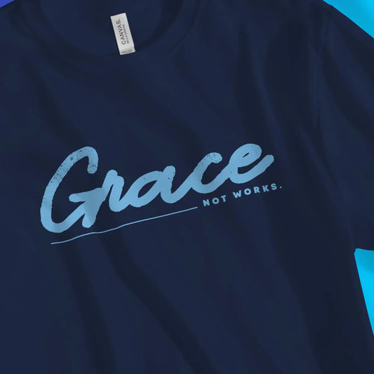 Grace (Not Works) | Premium Unisex Christian T-Shirt, laid flat, designed by 3rd Day Christian Clothing UK