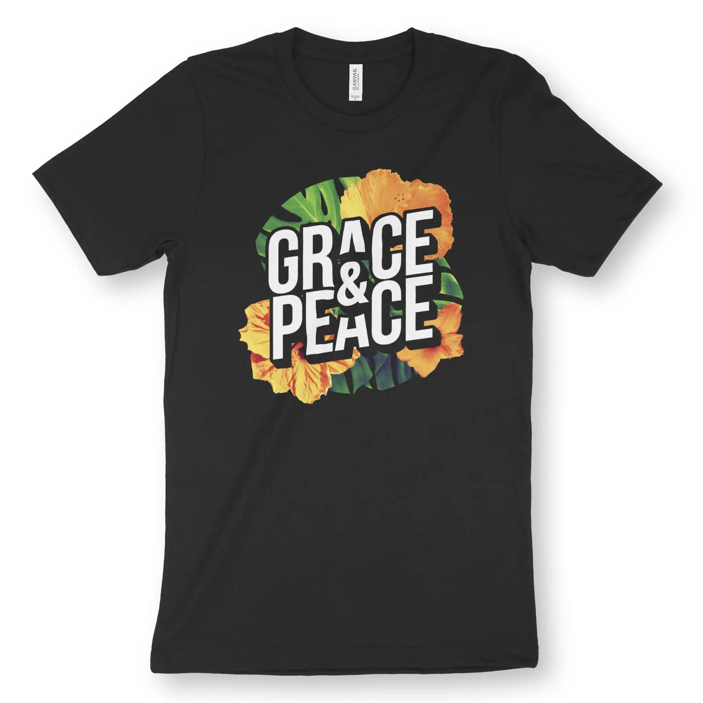 Grace & Peace (Tropical) | Premium Unisex Christian T-Shirt, laid flat, designed by 3rd Day Christian Clothing UK