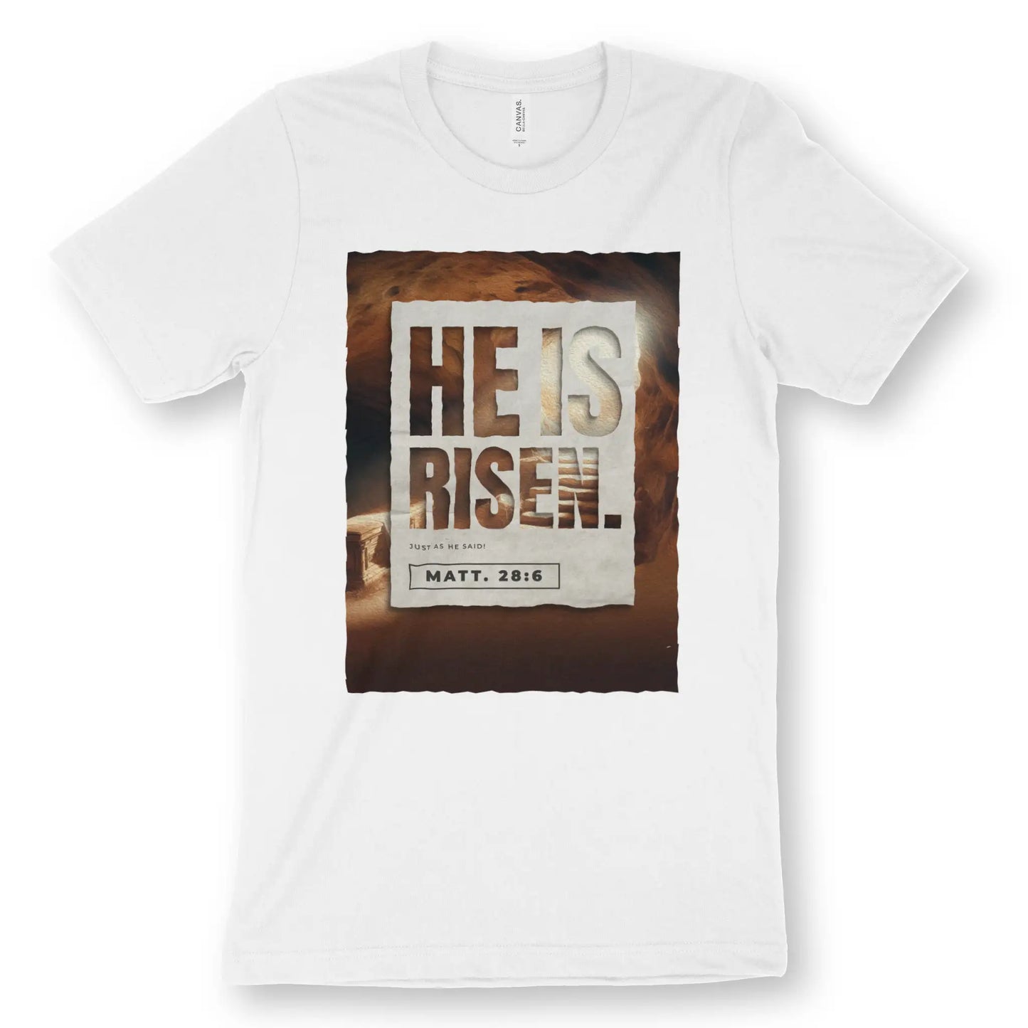 HE IS RISEN. (Easter Sunday) | Premium Unisex Christian T-Shirt, laid flat, designed by 3rd Day Christian Clothing UK