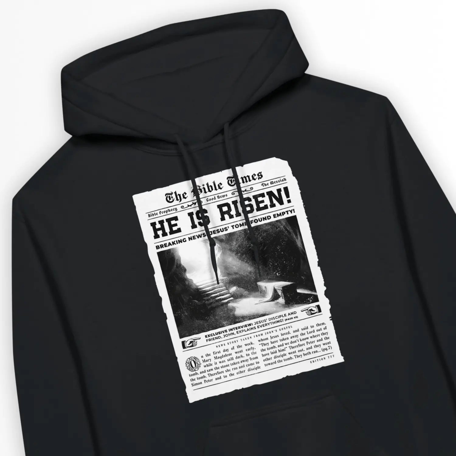 HE IS RISEN (Newspaper) – Unisex Christian Hoodie designed by 3rd Day Christian Clothing.