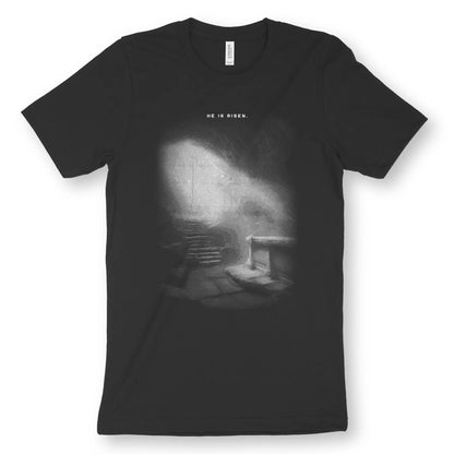 He Is Risen (Realistic) | Premium Unisex Christian T-Shirt, laid flat, designed by 3rd Day Christian Clothing UK