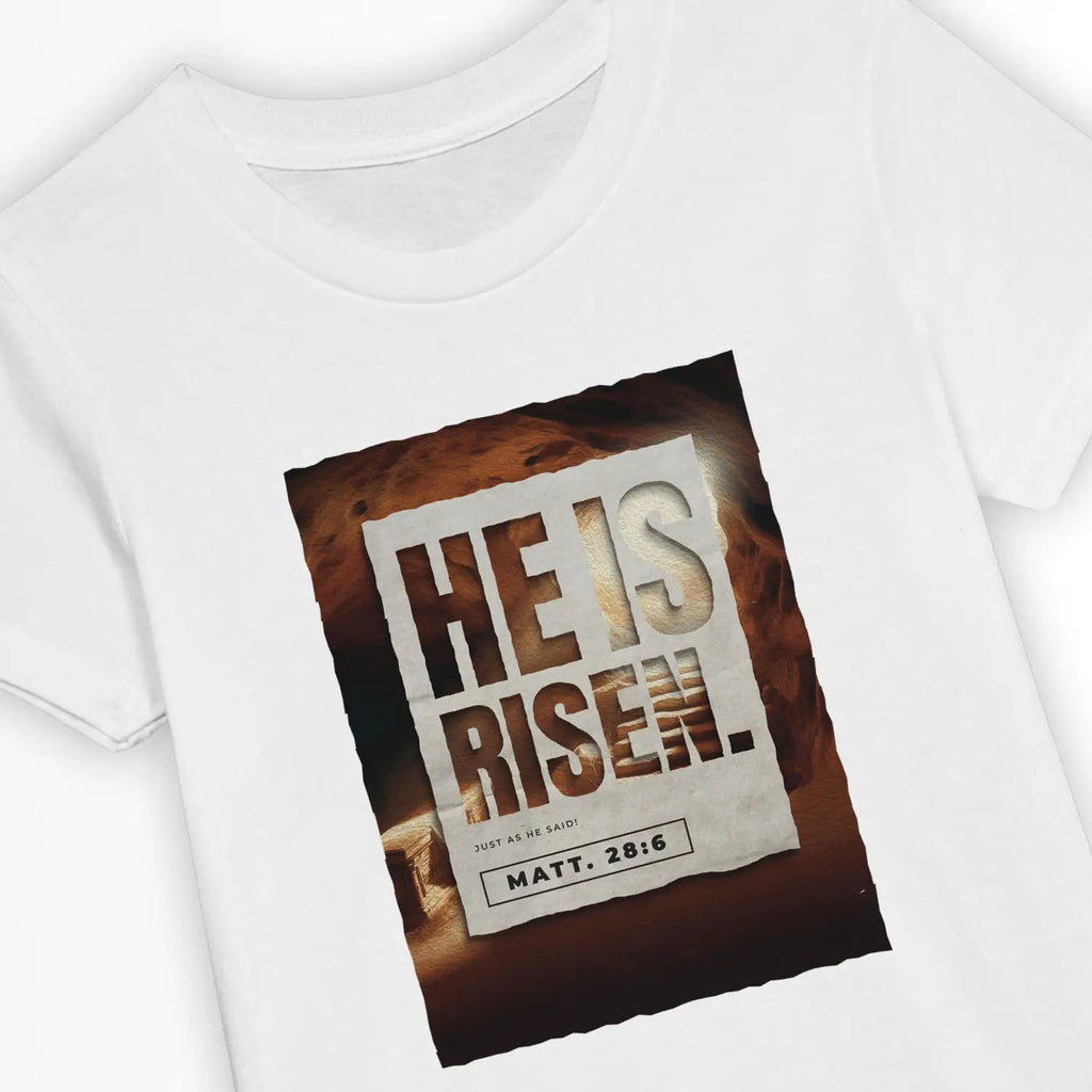 He Is Risen (Easter Sunday) – Kids' Christian T-Shirt designed by 3rd Day Christian Clothing.