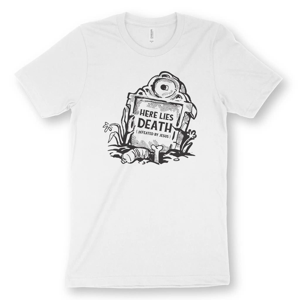Here Lies Death – Unisex Christian T-Shirt designed by 3rd Day Christian Clothing.