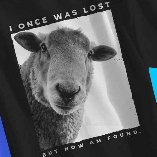 I Once Was Lost (Sheep) | Premium Unisex Christian T-Shirt, laid flat, designed by 3rd Day Christian Clothing UK