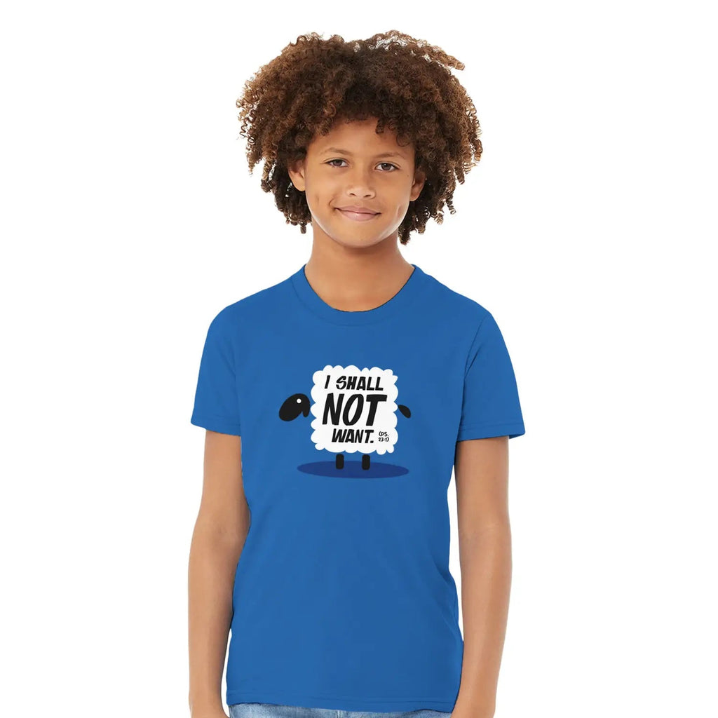 I SHALL NOT WANT (Psalm 23) – Kids' Christian T-Shirt designed by 3rd Day Christian Clothing.