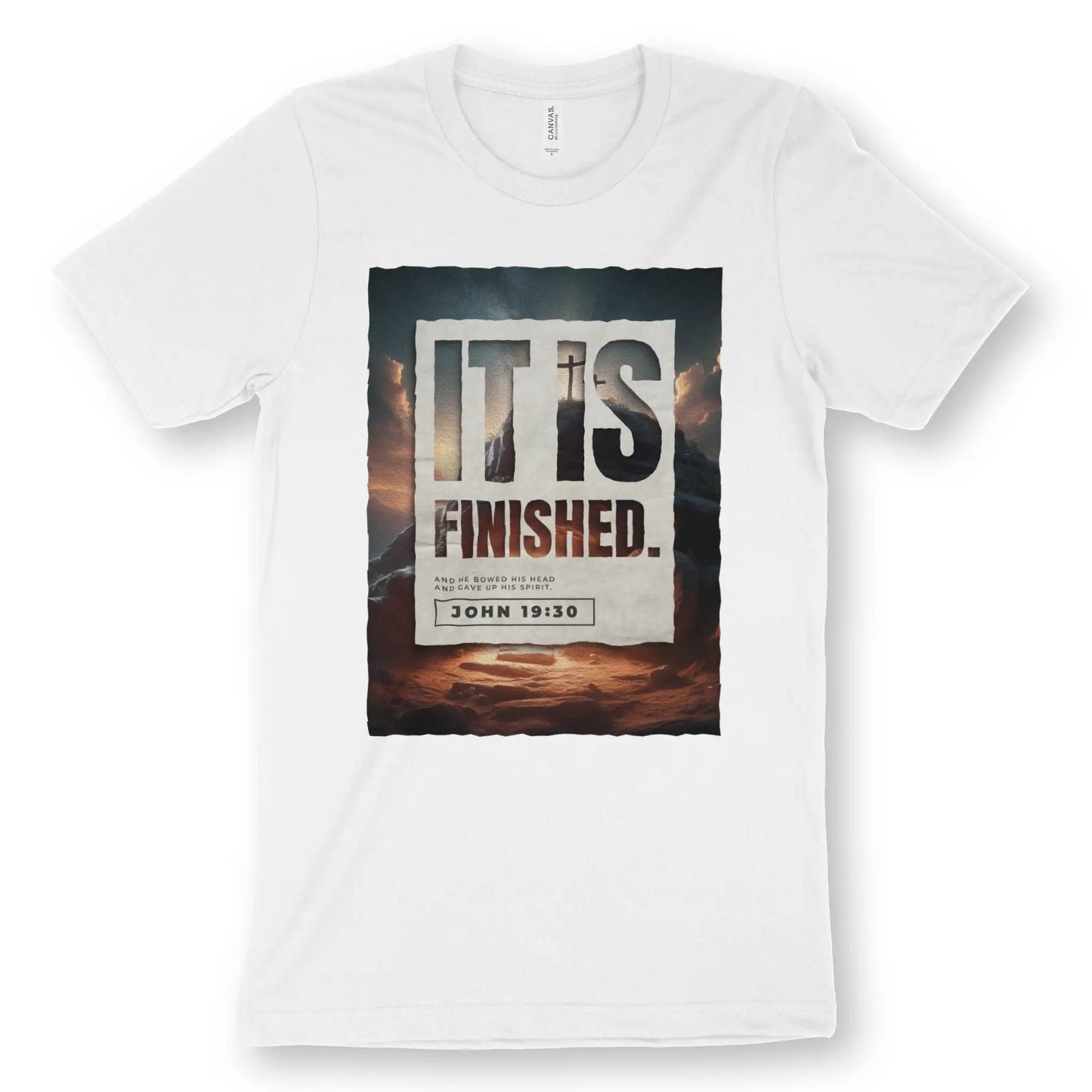 IT IS FINISHED. (Good Friday) | Premium Unisex Christian T-Shirt, laid flat, designed by 3rd Day Christian Clothing UK