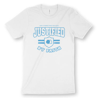 JUSTIFIED (Emblem) | Premium Unisex Christian T-Shirt, laid flat, designed by 3rd Day Christian Clothing UK