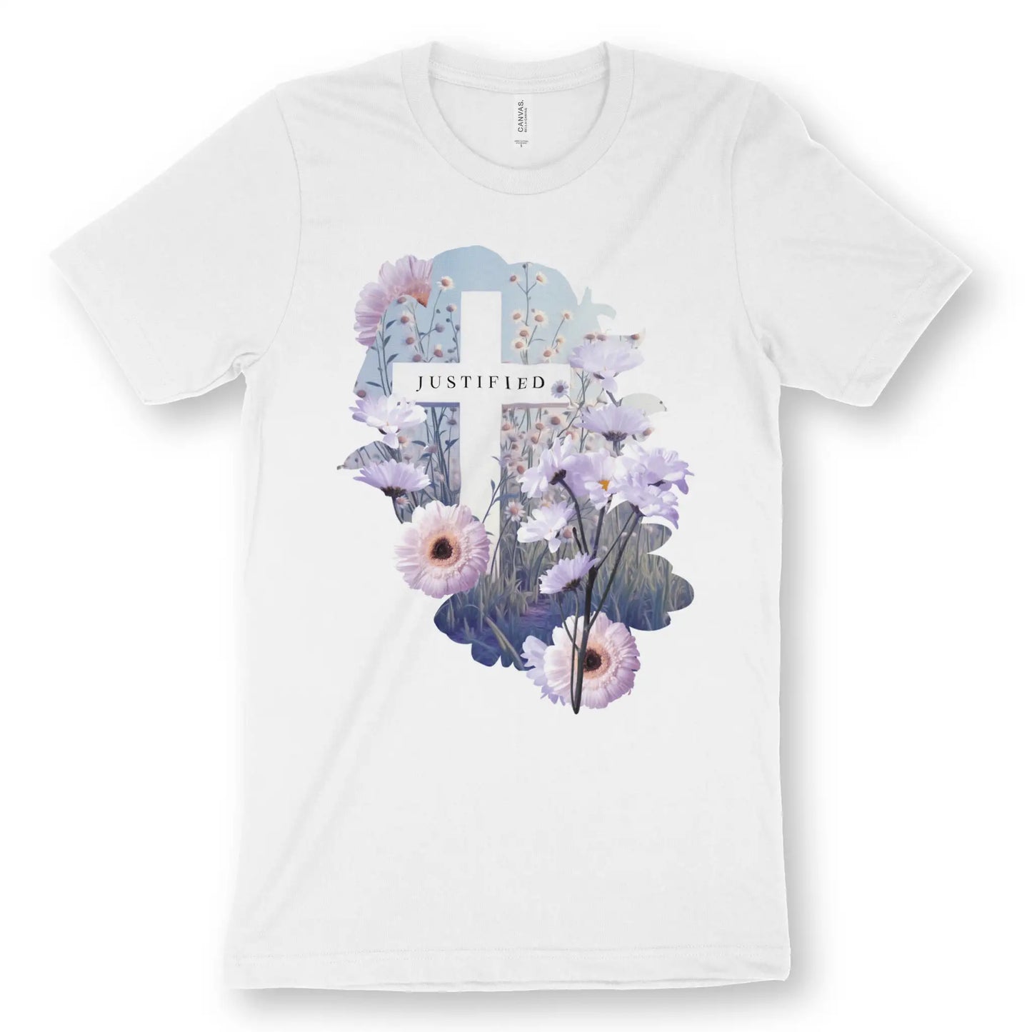 JUSTIFIED (Floral Cross) | Premium Unisex Christian T-Shirt, laid flat, designed by 3rd Day Christian Clothing UK