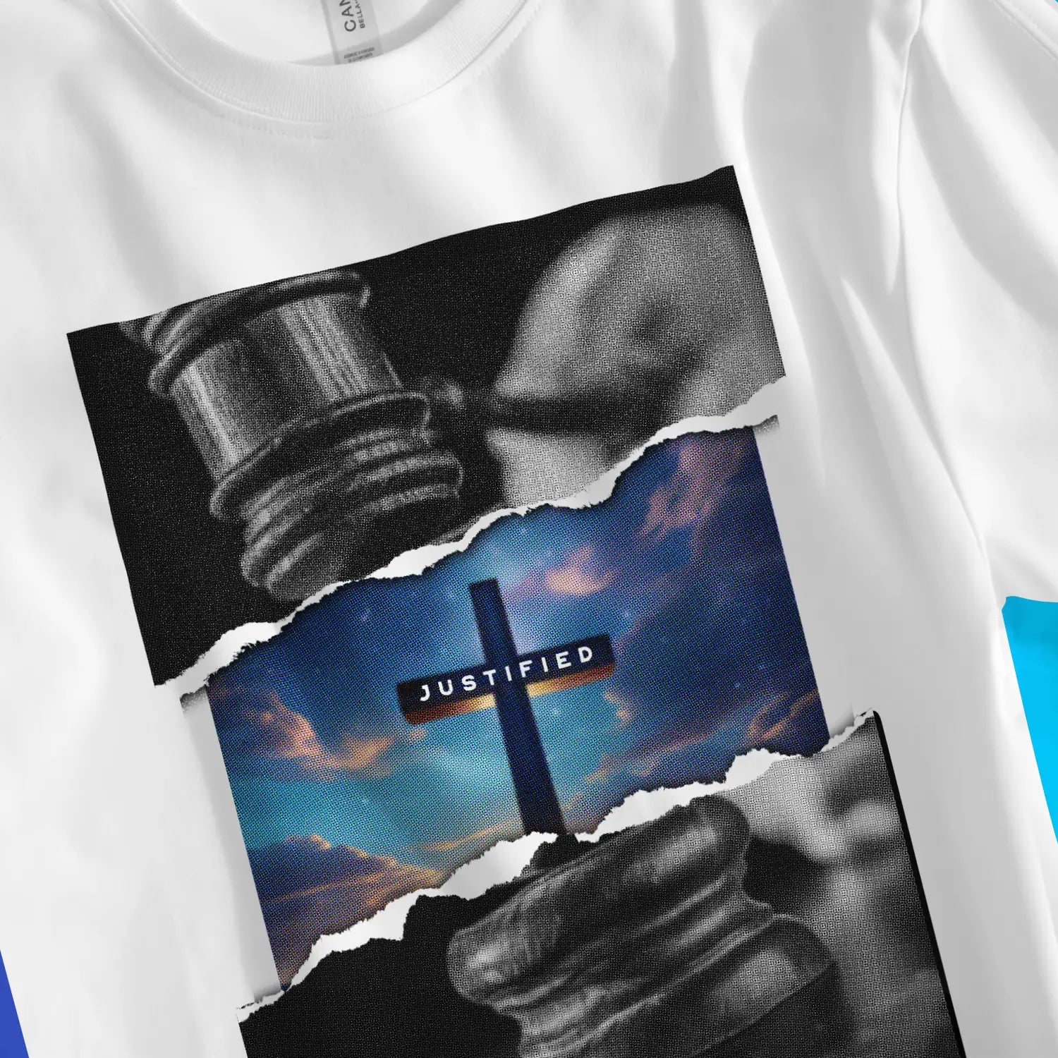 JUSTIFIED (Photographic) | Premium Unisex Christian T-Shirt, laid flat, designed by 3rd Day Christian Clothing UK