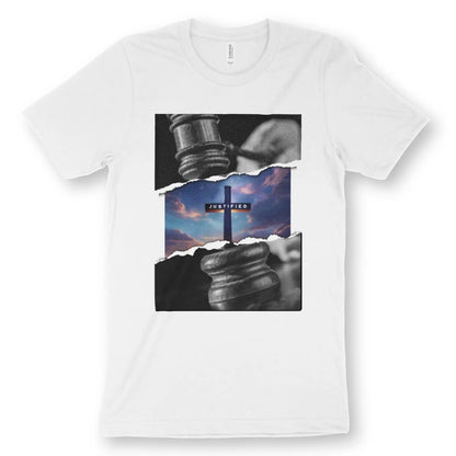 JUSTIFIED (Photographic) | Premium Unisex Christian T-Shirt, laid flat, designed by 3rd Day Christian Clothing UK