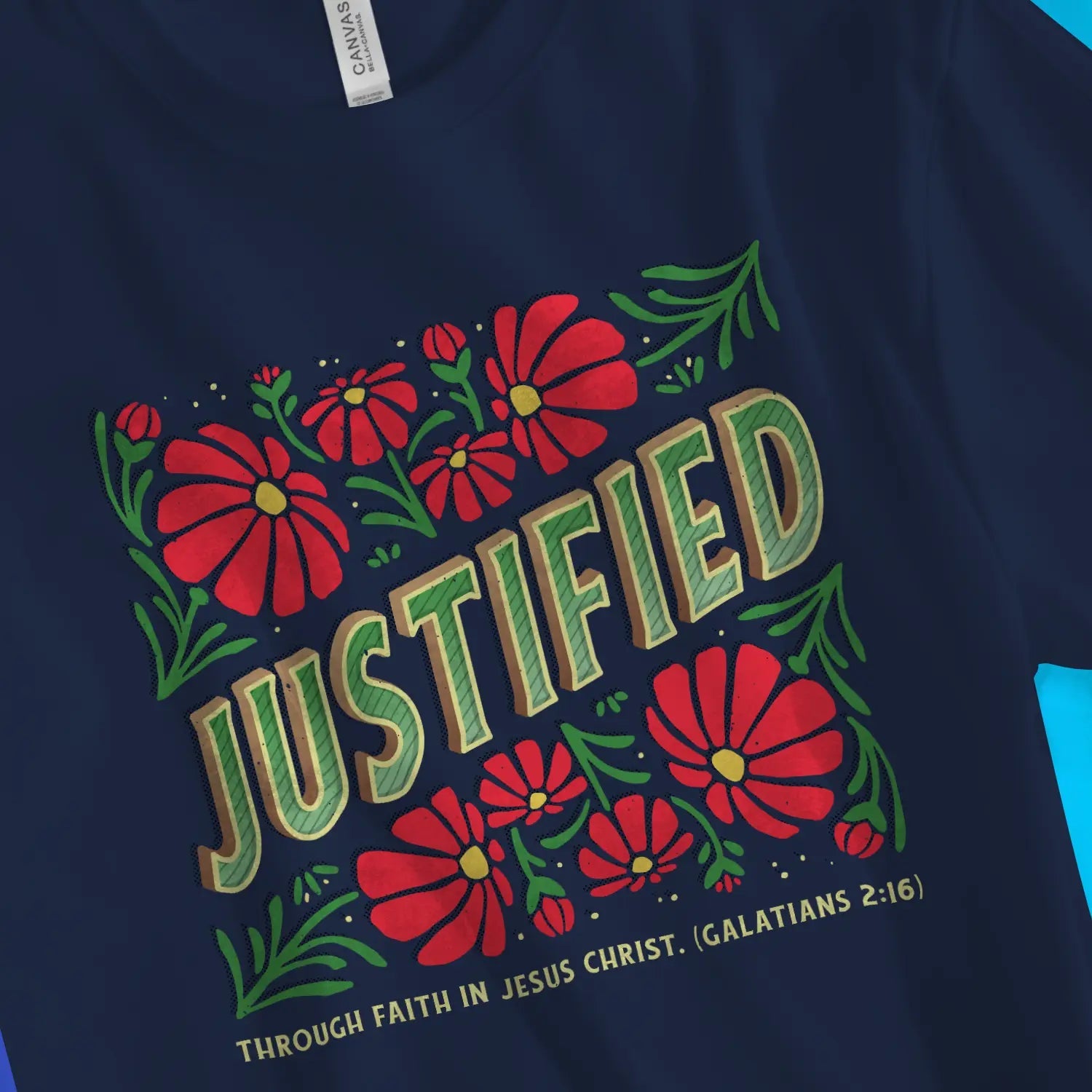 JUSTIFIED (Floral) – Unisex Christian T-Shirt designed by 3rd Day Christian Clothing.