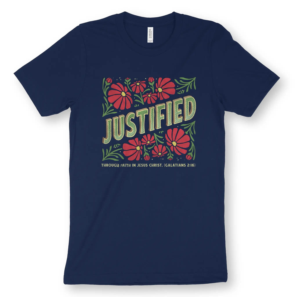 JUSTIFIED (Floral) – Unisex Christian T-Shirt designed by 3rd Day Christian Clothing.