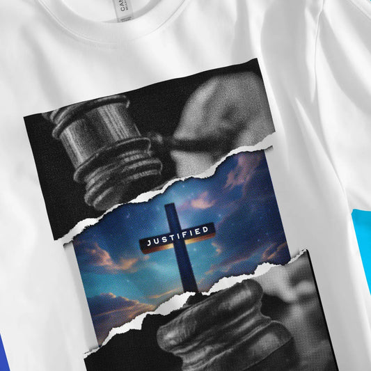 JUSTIFIED (Photographic) | Premium Unisex Christian T-Shirt designed by 3rd Day Christian Clothing.