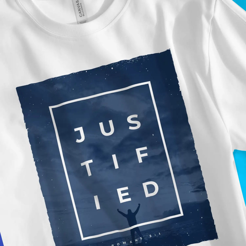 JUSTIFIED (Romans 5:1) – Unisex Christian T-Shirt designed by 3rd Day Christian Clothing.