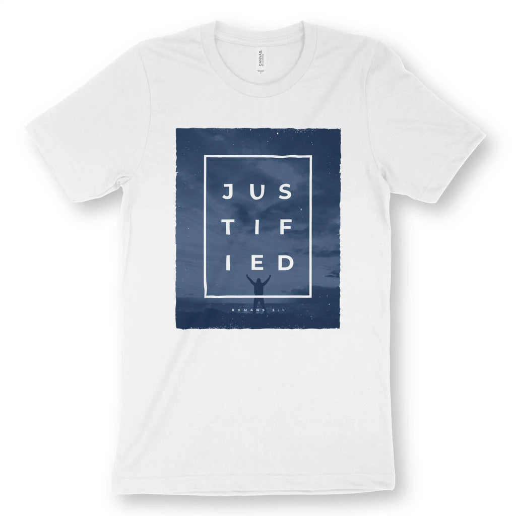 JUSTIFIED (Romans 5:1) – Unisex Christian T-Shirt designed by 3rd Day Christian Clothing.