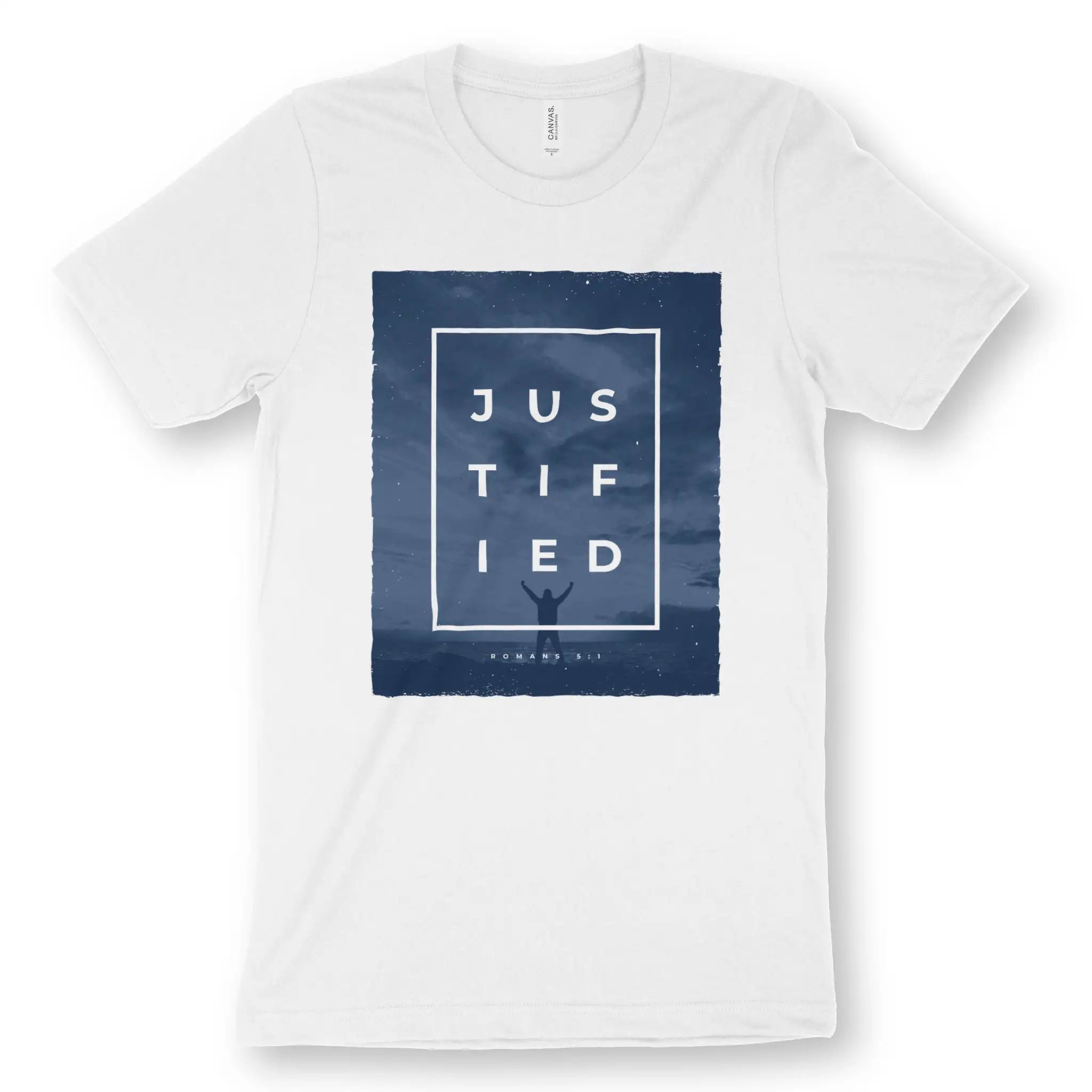 JUSTIFIED (Romans 5:1) – Unisex Christian T-Shirt designed by 3rd Day Christian Clothing.