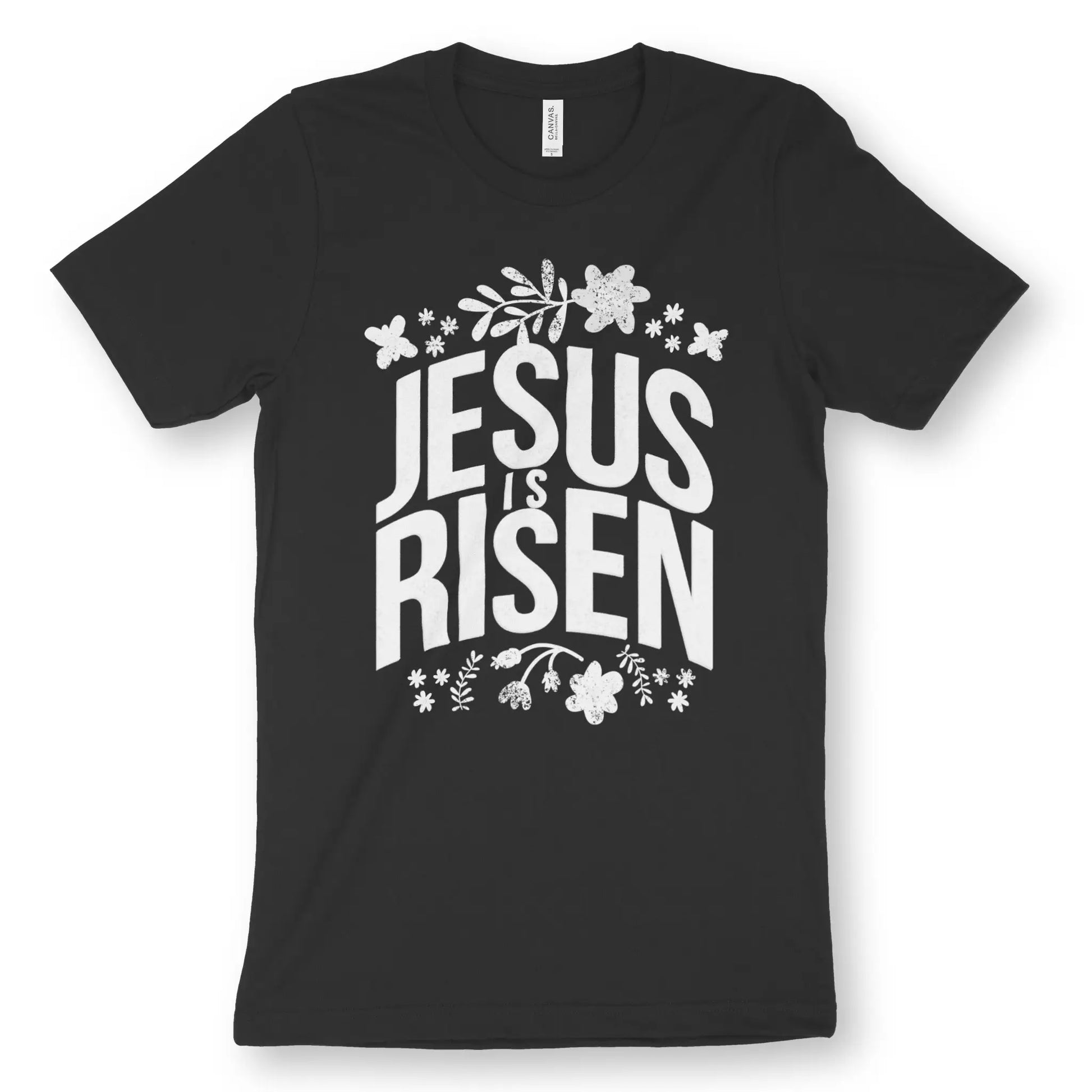 Jesus Is Risen (Floral) 2.0 | Premium Unisex Christian T-Shirt, laid flat, designed by 3rd Day Christian Clothing UK