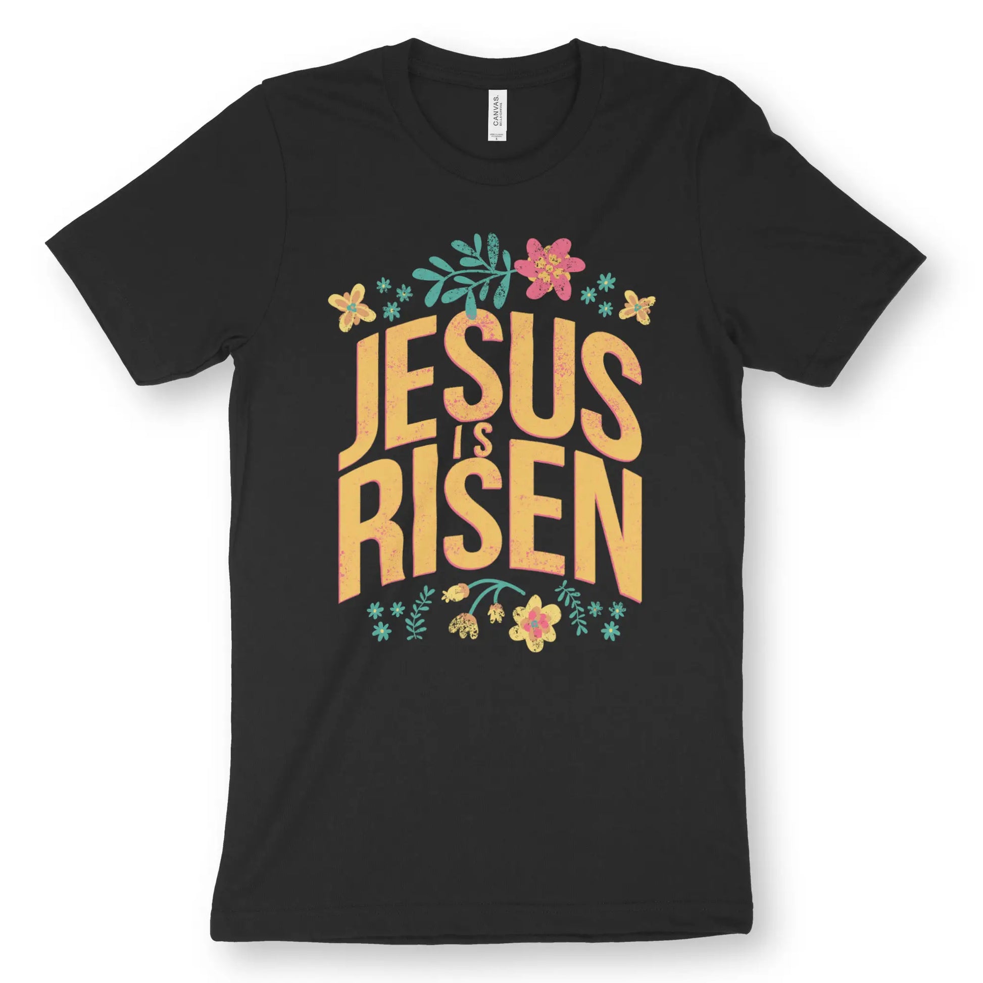 Jesus Is Risen (Floral) | Premium Unisex Christian T-Shirt, laid flat, designed by 3rd Day Christian Clothing UK