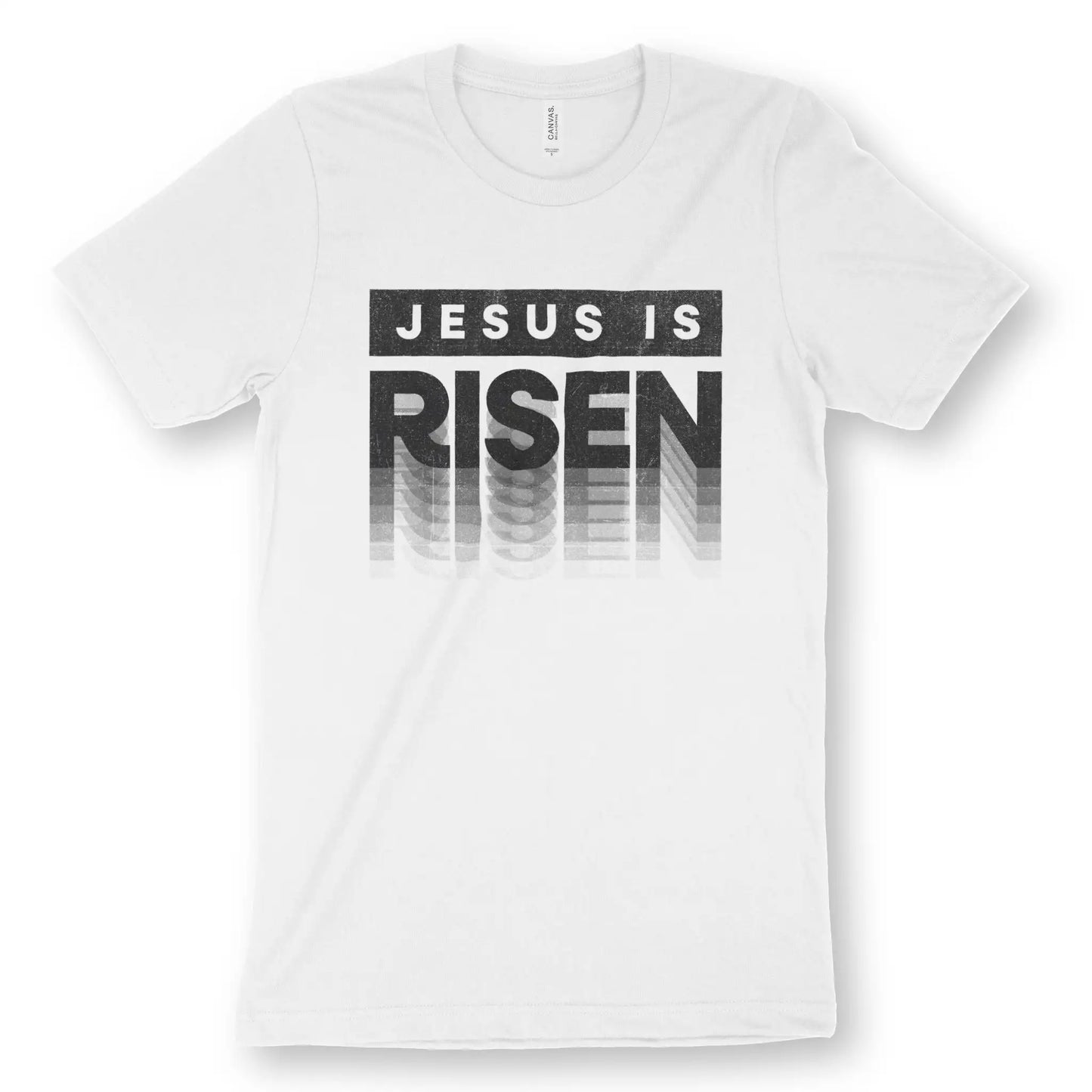 Jesus Is Risen (Typographic) | Premium Unisex Christian T-Shirt, laid flat, designed by 3rd Day Christian Clothing UK