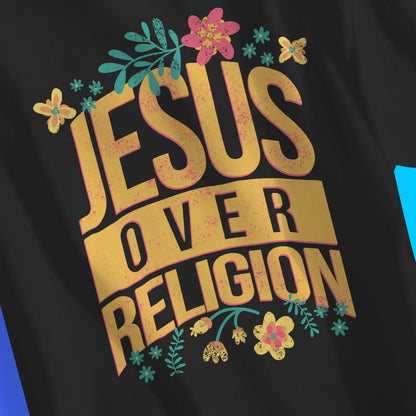 Jesus Over Religion (Floral) | Premium Unisex Christian T-Shirt, laid flat, designed by 3rd Day Christian Clothing UK