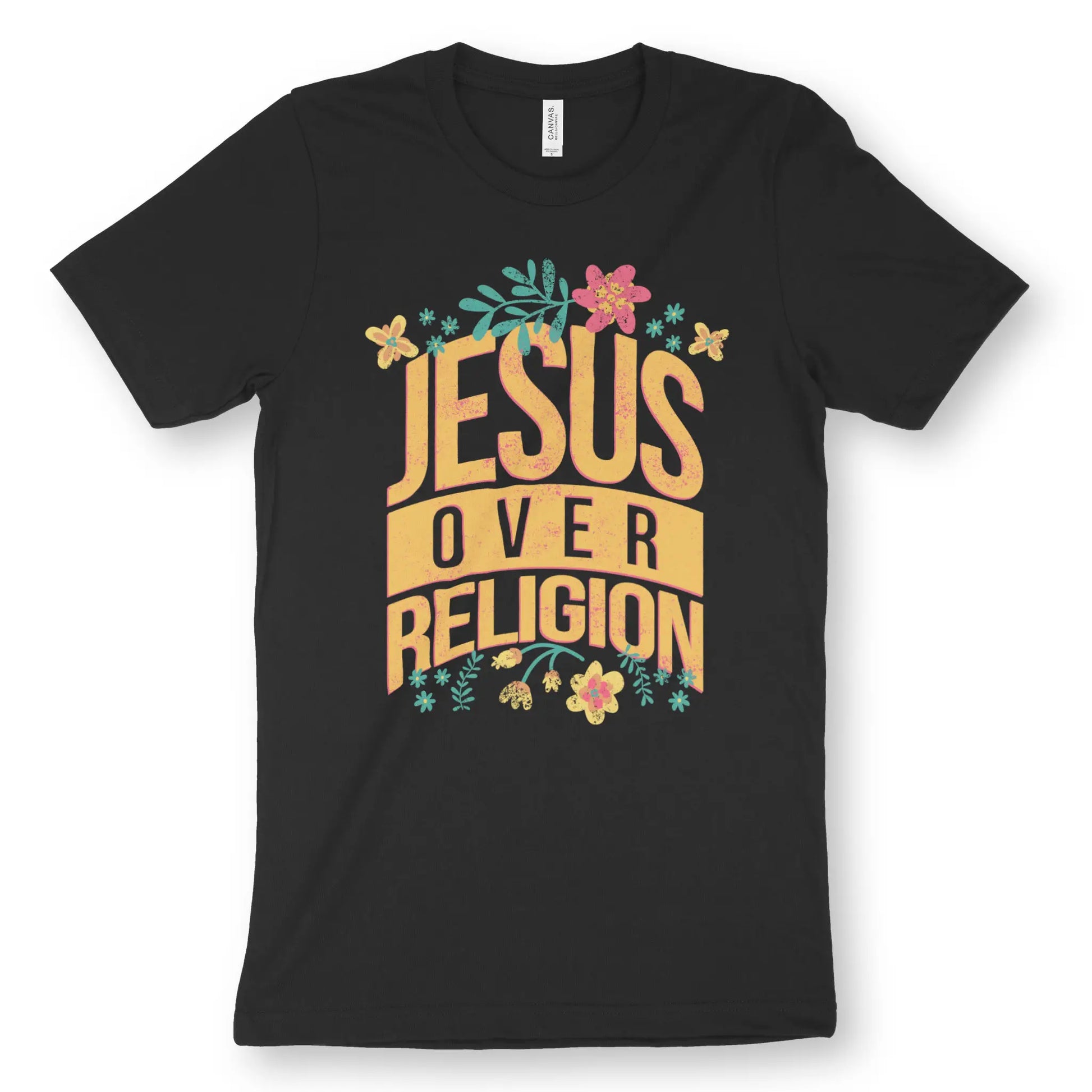 Jesus Over Religion (Floral) | Premium Unisex Christian T-Shirt, laid flat, designed by 3rd Day Christian Clothing UK