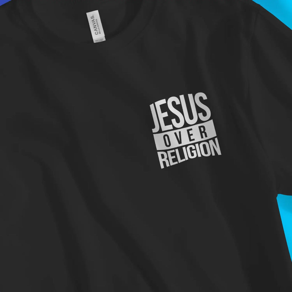 Jesus Over Religion – Unisex Christian T-Shirt designed by 3rd Day Christian Clothing.