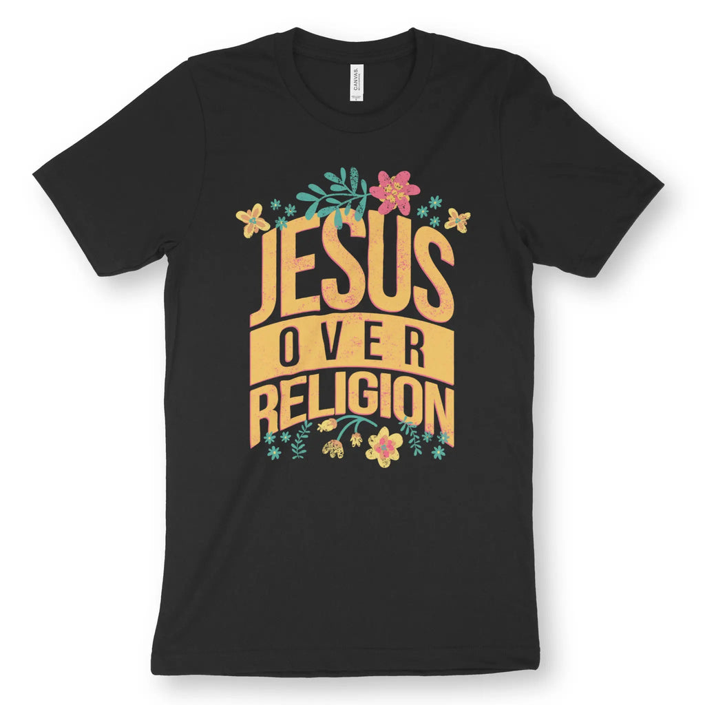 Jesus Over Religion (Floral) – Unisex Christian T-Shirt designed by 3rd Day Christian Clothing.