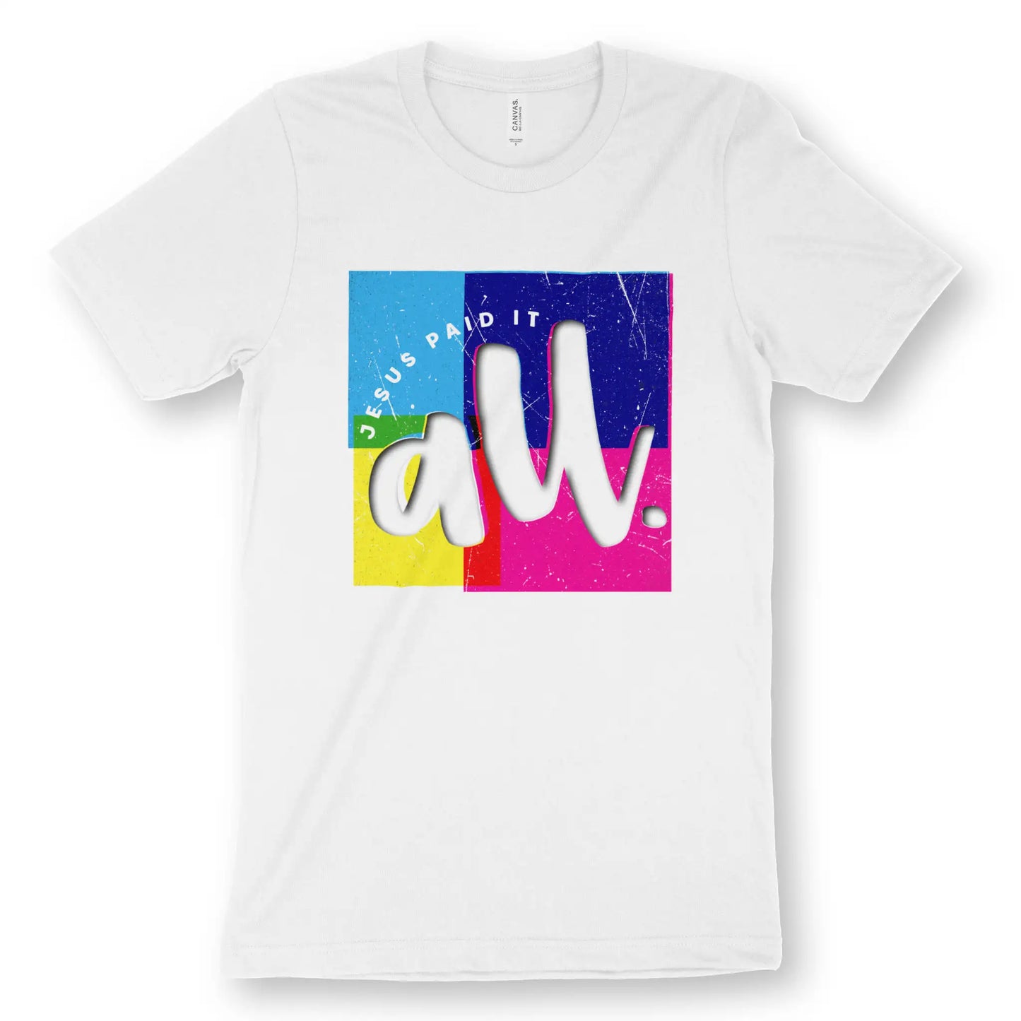 Jesus Paid It All (Colourful) | Premium Unisex Christian T-Shirt, laid flat, designed by 3rd Day Christian Clothing UK