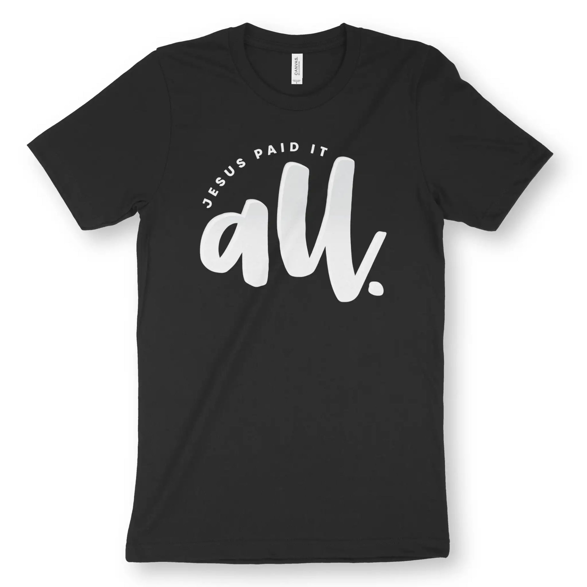 Jesus Paid It All | Premium Unisex Christian T-Shirt, laid flat, designed by 3rd Day Christian Clothing UK