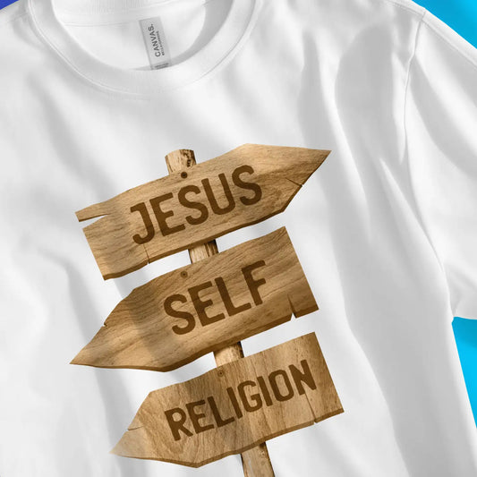 Jesus (Signpost) | Premium Unisex Christian T-Shirt, laid flat, designed by 3rd Day Christian Clothing UK