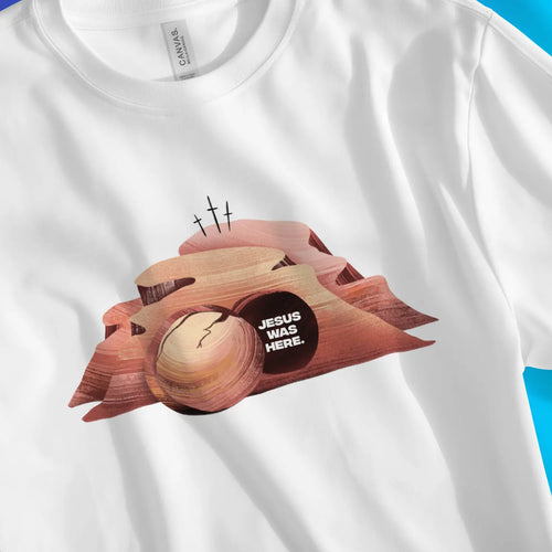 Jesus Was Here – Unisex Christian T-Shirt designed by 3rd Day Christian Clothing.