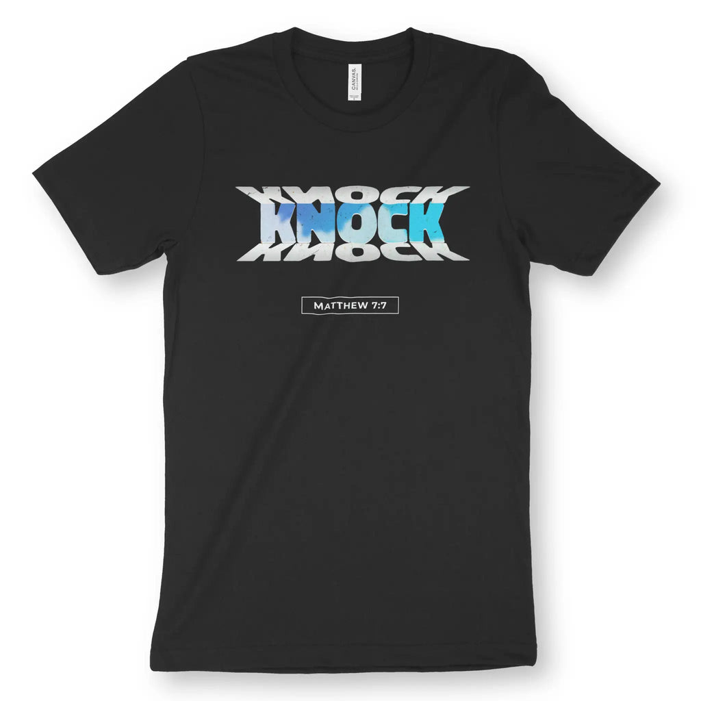 KNOCK (Matthew 7:7) – Unisex Christian T-Shirt designed by 3rd Day Christian Clothing.