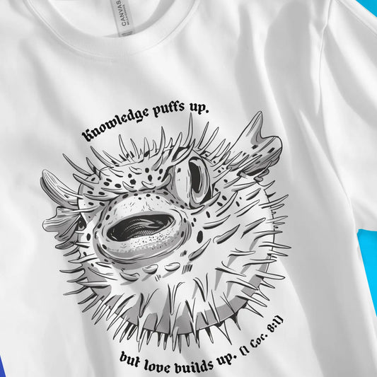 An image of Knowledge Puffs Up (1 Cor 8:1) | Premium Unisex Christian T-shirt available at 3rd Day Christian Clothing UK
