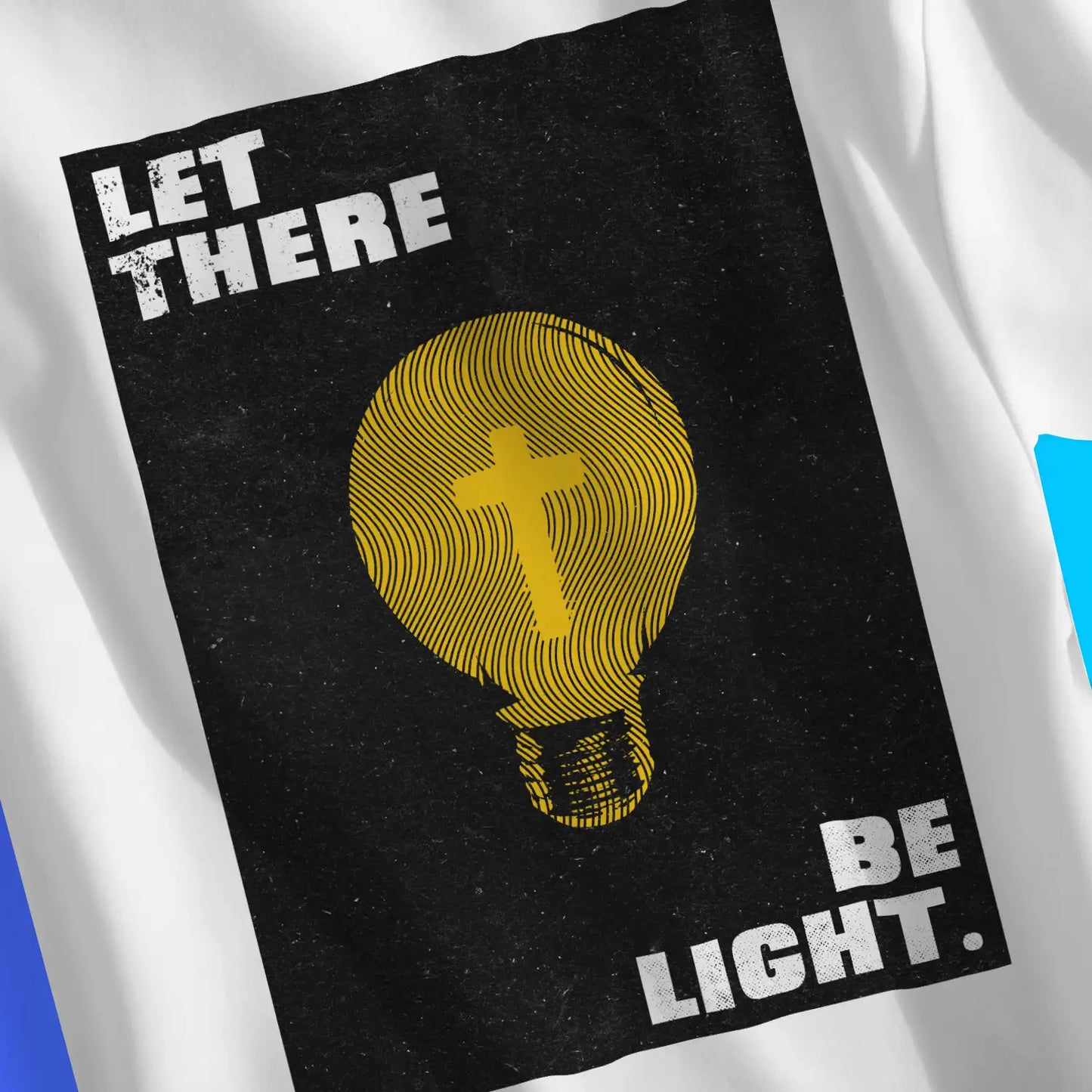 Let There Be Light (Cross Bulb) | Premium Unisex Christian T-Shirt, laid flat, designed by 3rd Day Christian Clothing UK