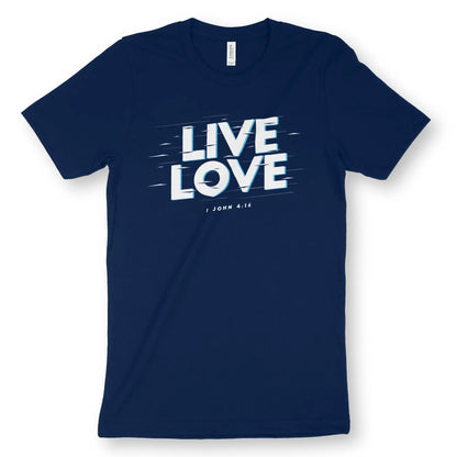 Live Love (1 John 4:16) | Premium Unisex Christian T-Shirt, laid flat, designed by 3rd Day Christian Clothing UK