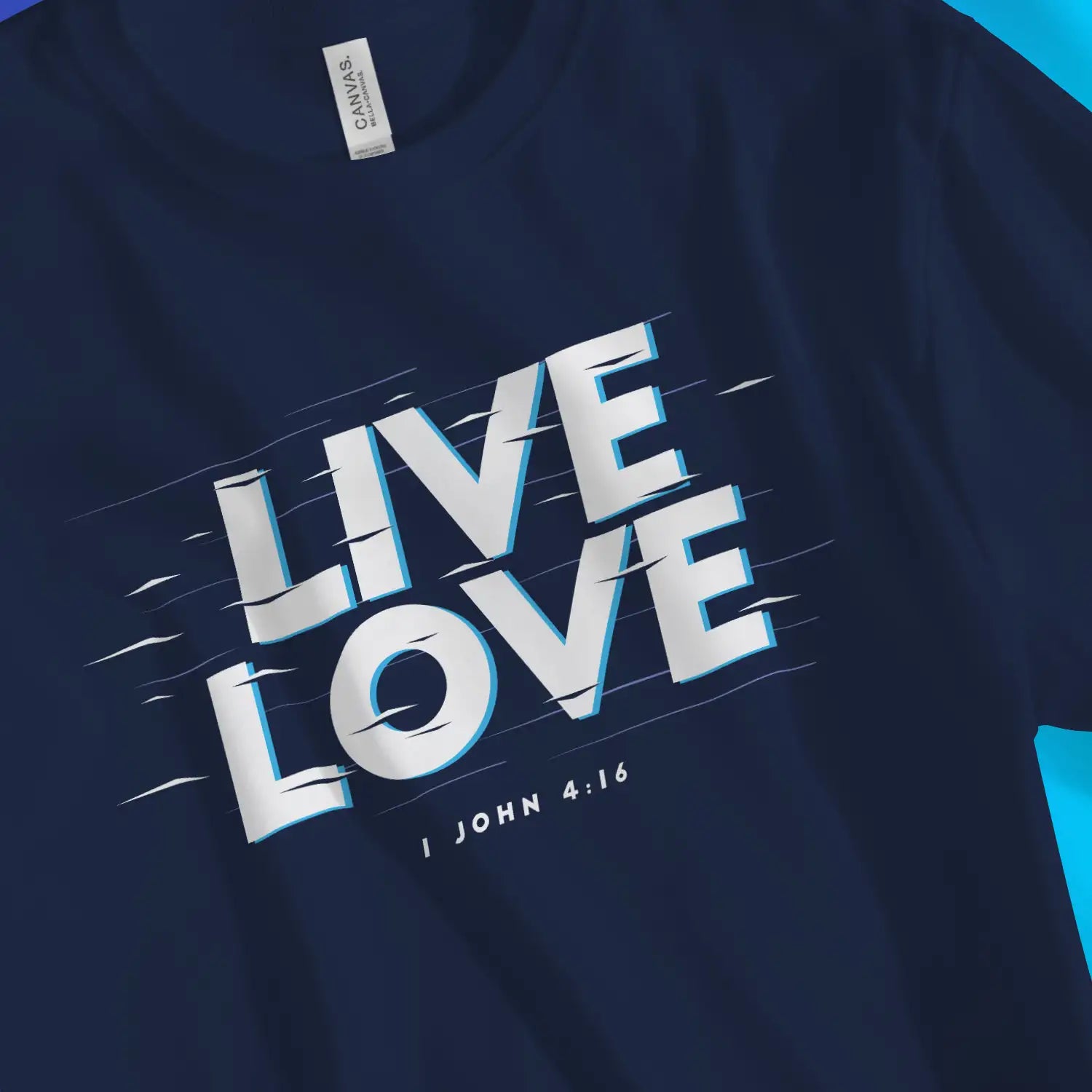 Live Love (1 John 4:16) | Premium Unisex Christian T-Shirt, laid flat, designed by 3rd Day Christian Clothing UK