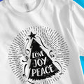 Love Joy Peace (Christmas Tree) – Unisex Christian T-Shirt designed by 3rd Day Christian Clothing.
