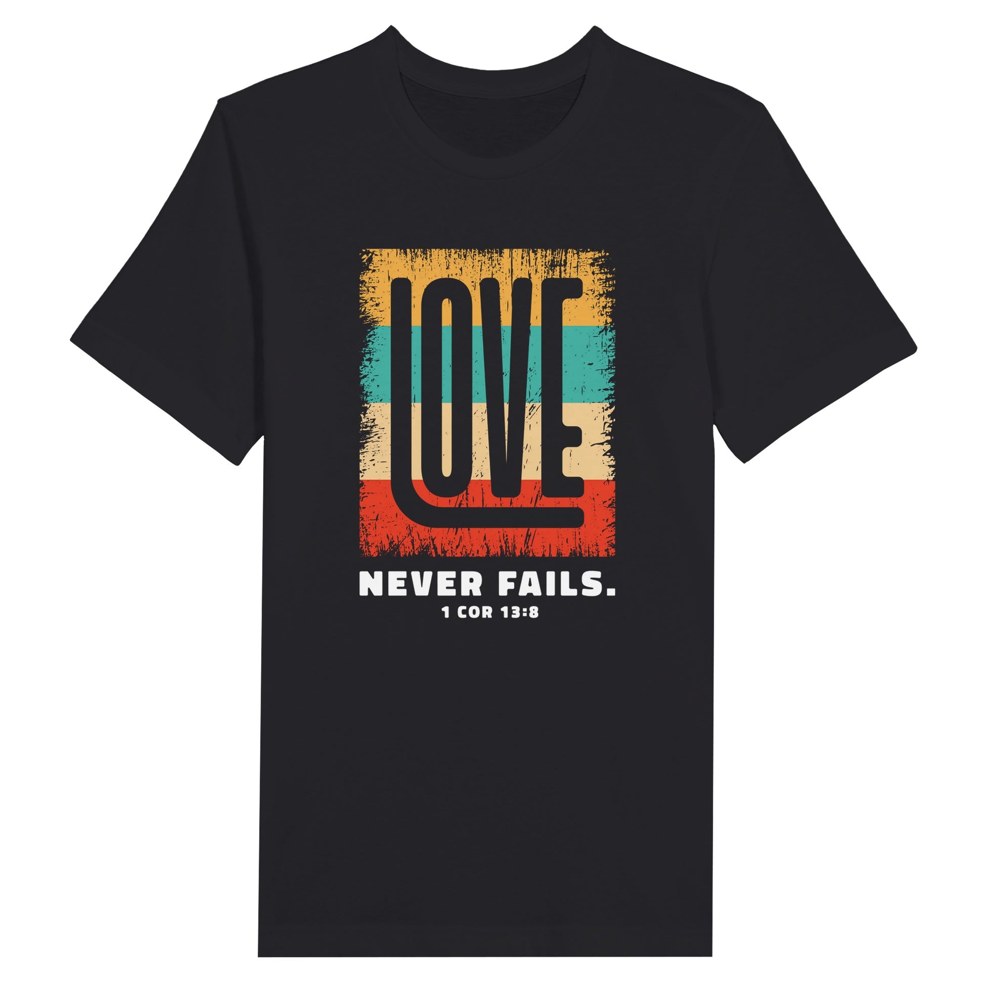 An image of Love Never Fails (1 Cor 13:8) | Premium Unisex Christian T-shirt available at 3rd Day Christian Clothing UK