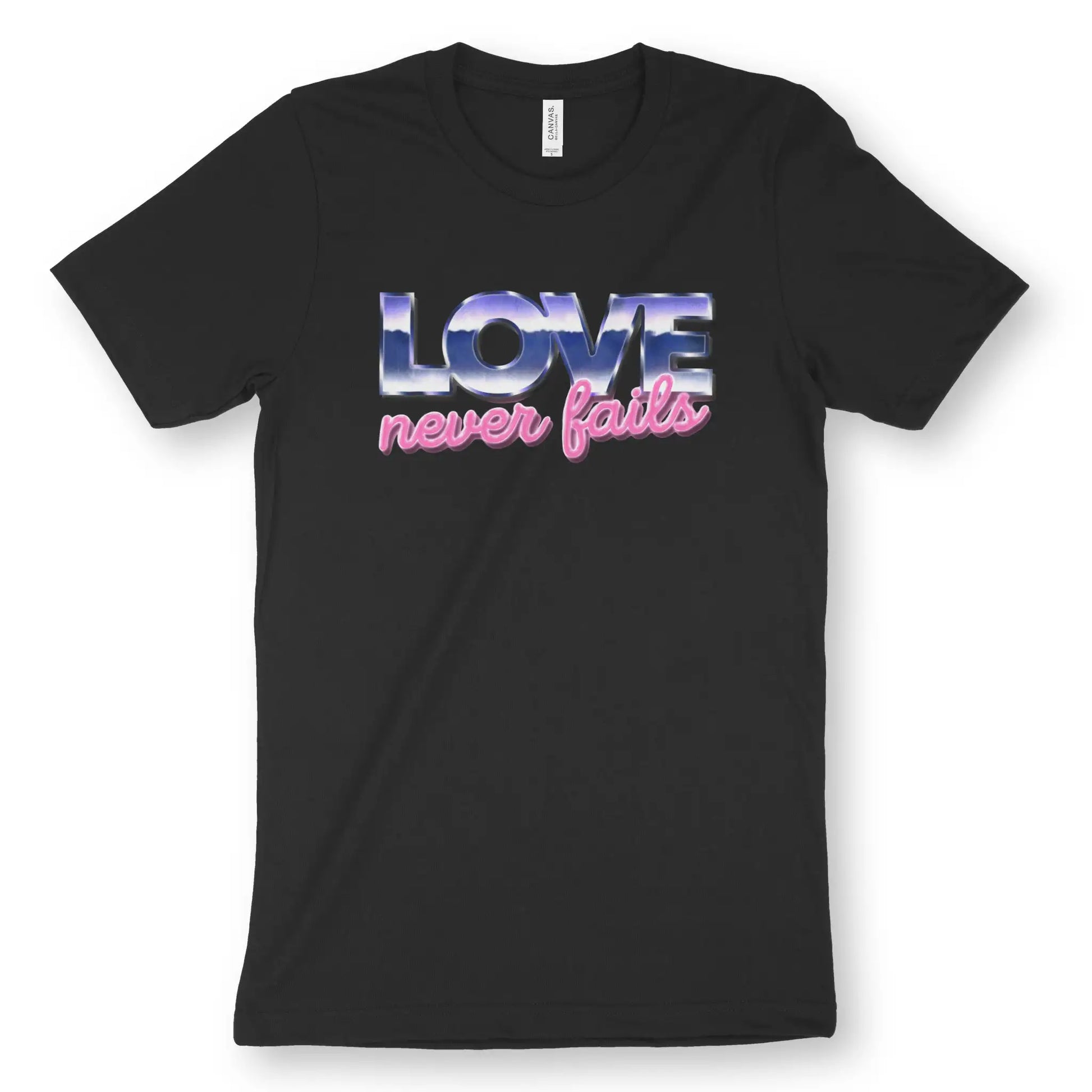 Love Never Fails (Retro) | Premium Unisex Christian T-Shirt, laid flat, designed by 3rd Day Christian Clothing UK