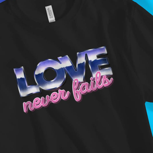 Love Never Fails (Retro) | Premium Unisex Christian T-Shirt designed by 3rd Day Christian Clothing.