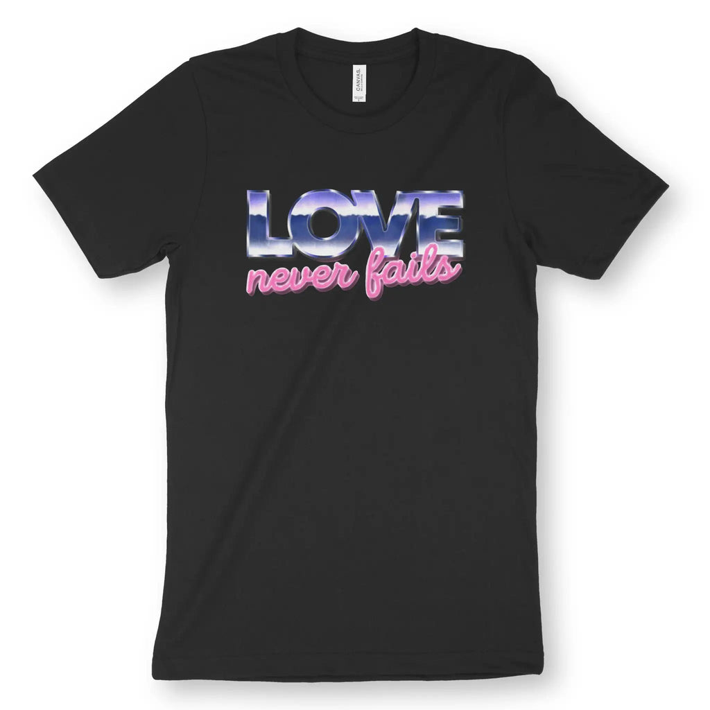 Love Never Fails (Retro) – Unisex Christian T-Shirt designed by 3rd Day Christian Clothing.