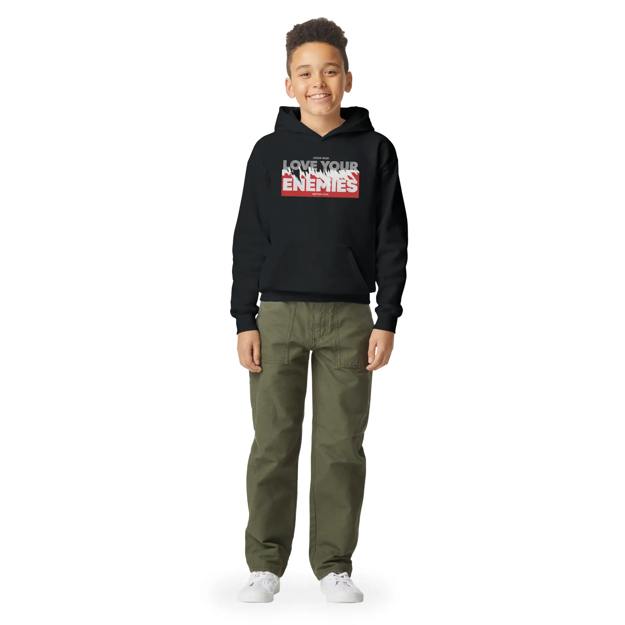 Love Your Enemies (Matthew 5:44) – Kids' Christian Hoodie designed by 3rd Day Christian Clothing.