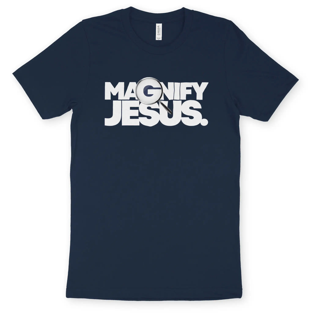 Magnify Jesus (Navy) – Unisex Christian T-Shirt designed by 3rd Day Christian Clothing.