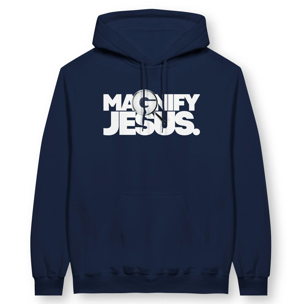 Magnify Jesus (Navy) – Unisex Christian Hoodie designed by 3rd Day Christian Clothing.