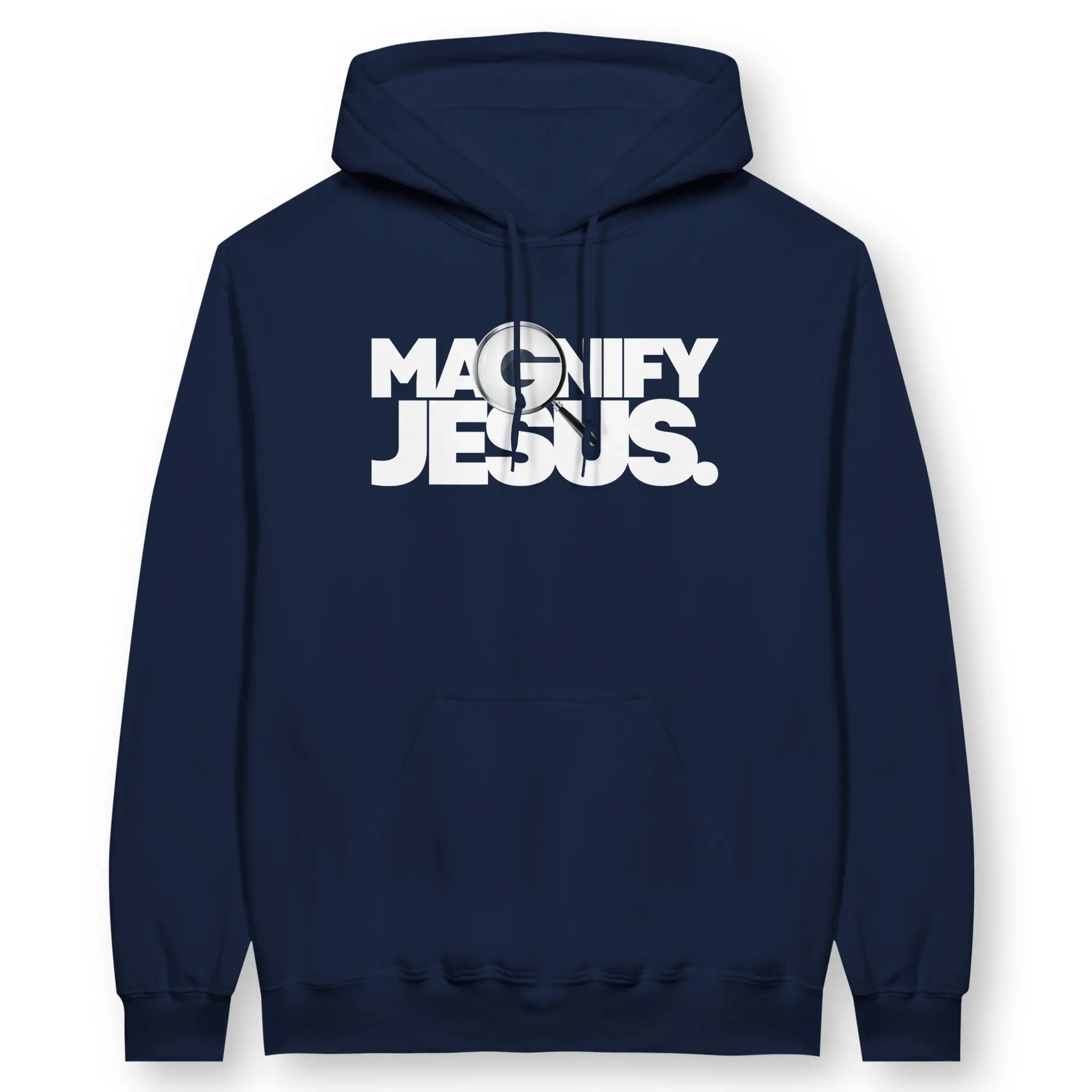 Magnify Jesus (Navy) – Unisex Christian Hoodie designed by 3rd Day Christian Clothing.