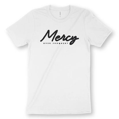 Mercy Over Judgment (Ink) | Premium Unisex Christian T-Shirt, laid flat, designed by 3rd Day Christian Clothing UK